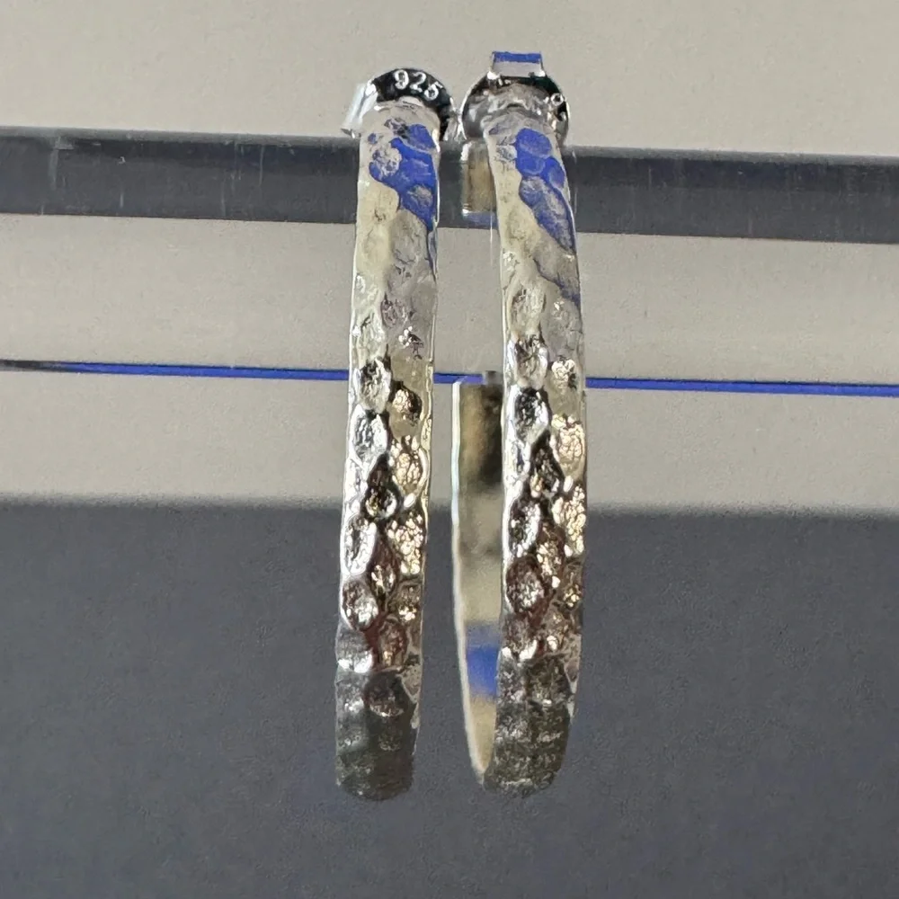 Hammered Sterling Silver Hoop Earrings - Picture 2 of 9